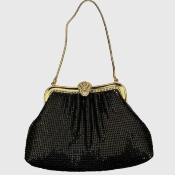 Vintage ANDRE CELLINI Black Shiny Metallic Evening Handbag Rhinestone Clasp - Picture 1 of 3
